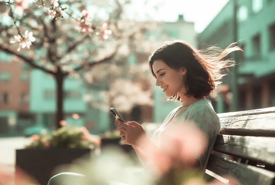 Nasmejana ženska s kratko, sijočo frizuro uporablja telefon na sončni pomladni klopi