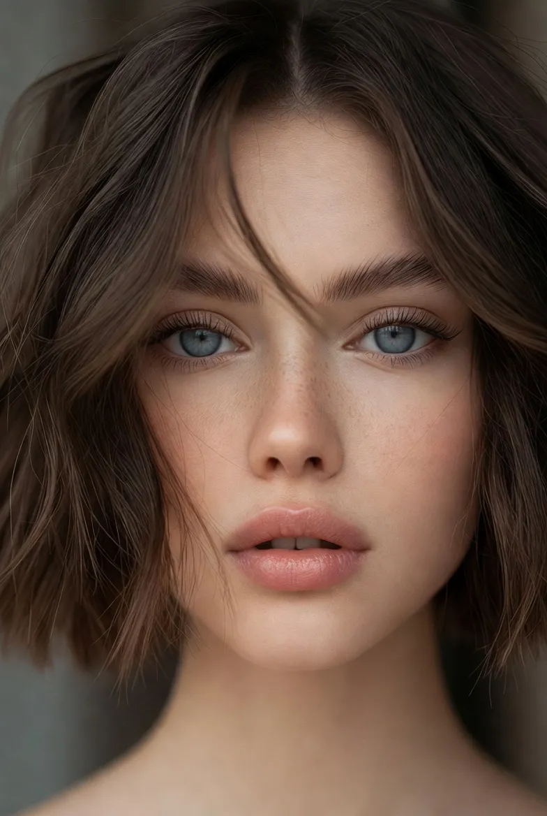 Portret ženske s svežo, valovito kratko pričesko in intenzivnimi modrimi očmi